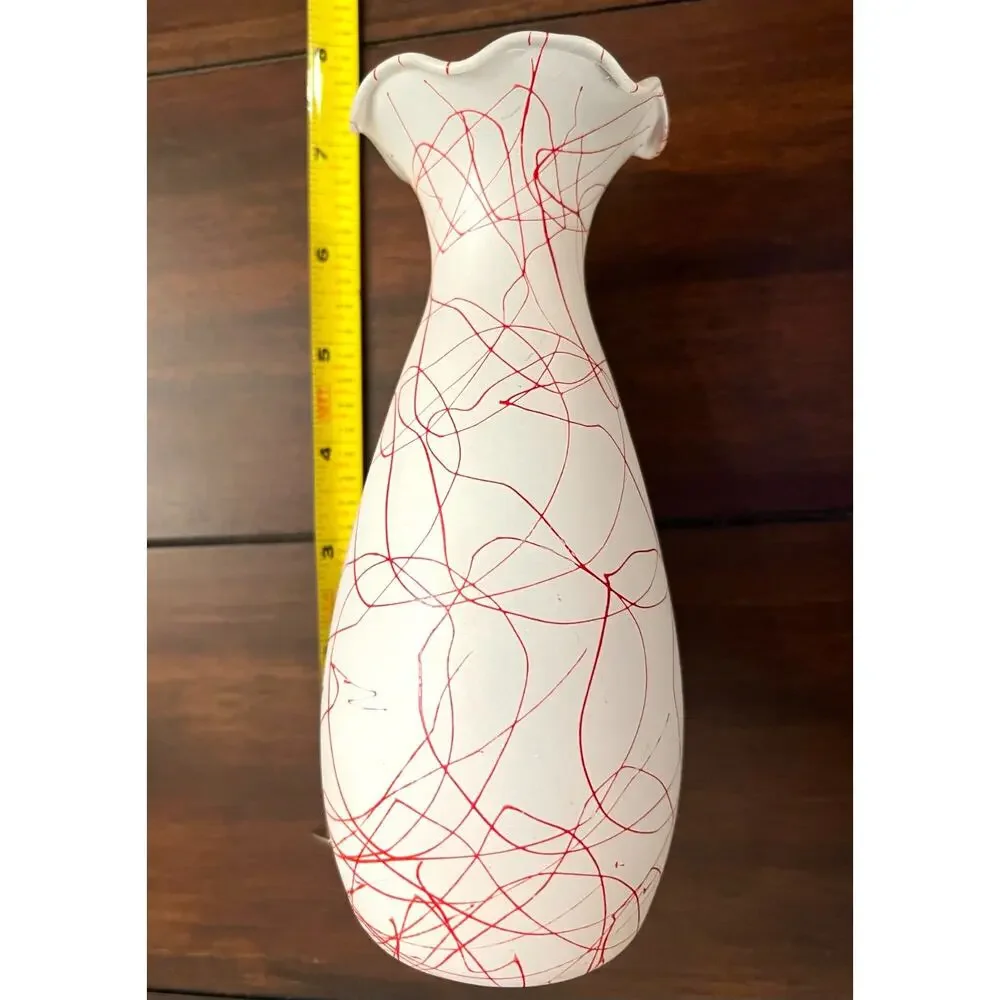 Vintage Hazel Atlas White Frosted Glass Vase, Red Spaghetti String Design, 1950s